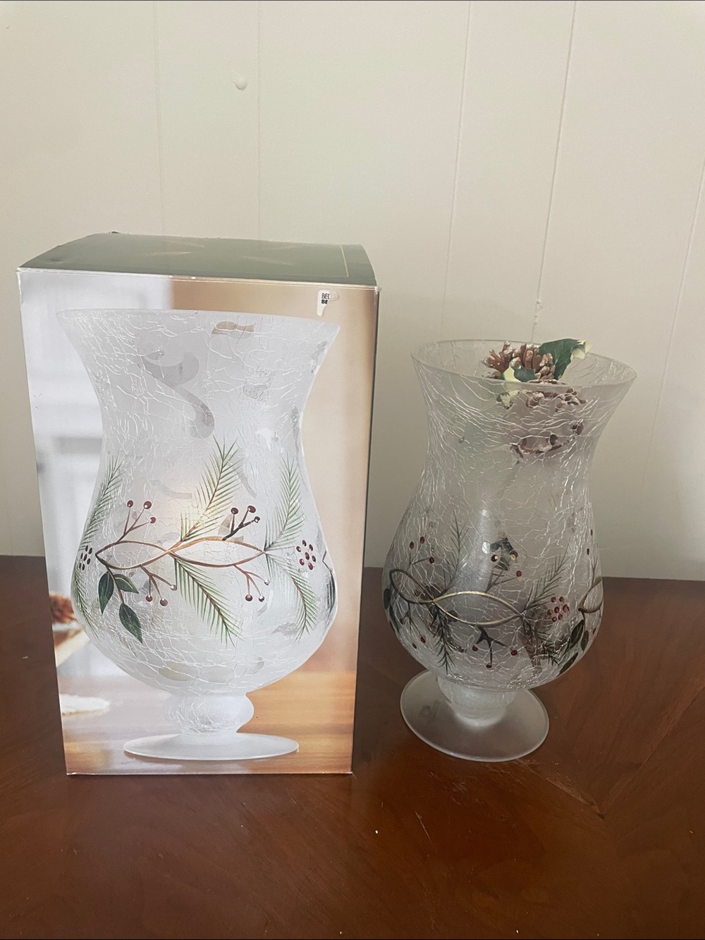 Home Essentials Frosted Glass Holiday Hurricane Vase with Green and Red Accents
